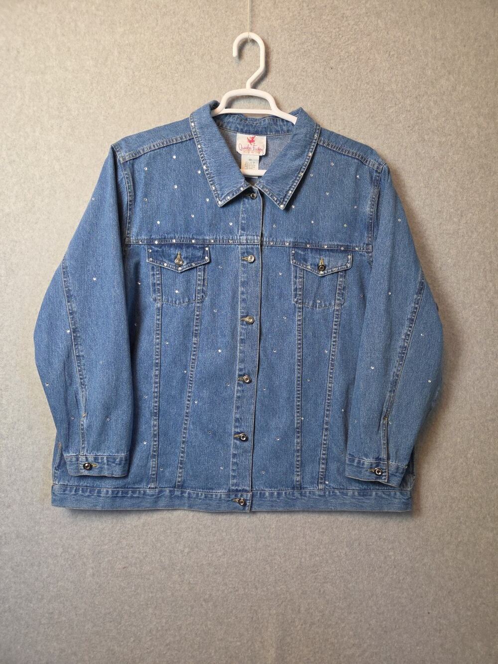 Quacker Factory Cotton Blue Denim Rhinestone LS Button Up Jacket Womens Plus 2X